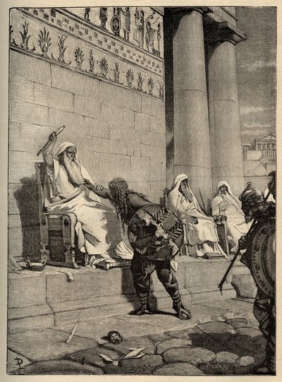 Gallischer Anführer Brennus (Brennos) kehrt 390 v. Chr. in die römische Hauptstadt zurück. - Die Gallier in Rom - Plünderung Roms - Gravur 1890 von Anonymous Anonymous