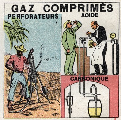 Gasdruck: Gaspfannen für Druckluftbohrer und in der Bierherstellung. Anonyme Illustration von 1925. Private Sammlung. von Anonymous Anonymous