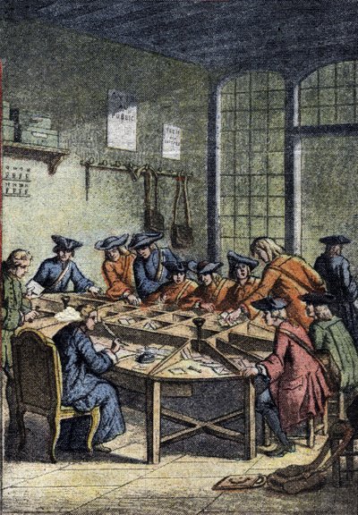 Geschichte der Post: ein Sortierraum unter der Herrschaft von Ludwig XV. (18. Jahrhundert). Detail aus „Le petit journal“ vom 15.04.1920. Private Sammlung von Anonymous Anonymous