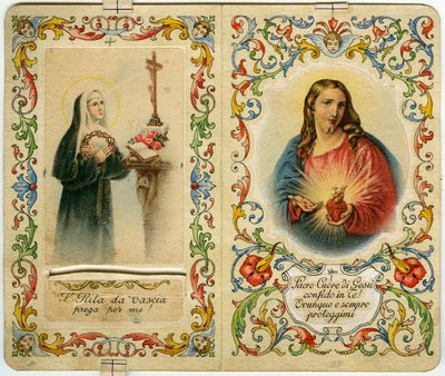 Heiligenbild mit der heiligen Rita von Cascia und Jesus mit heiligem Herzen (Druck) von Anonymous Anonymous
