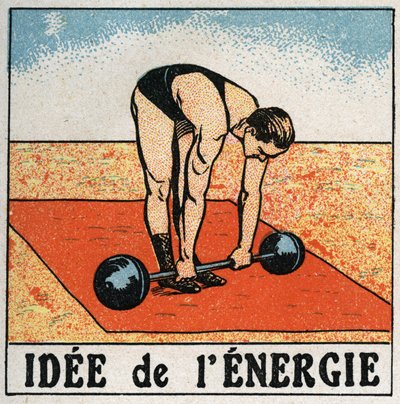 Idee der Energie: Athlet hebt ein Gewicht. Anonyme Illustration von 1925. Private Sammlung. von Anonymous Anonymous