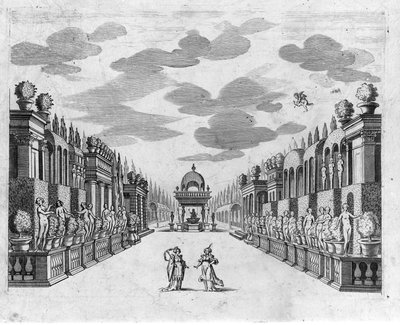 Illustration für Szene 4 des 2. Aktes der Oper in 5 Akten „Bellerofonte“ von Francesco Sacrati. Dekor von Jacopo Torelli von Anonymous Anonymous
