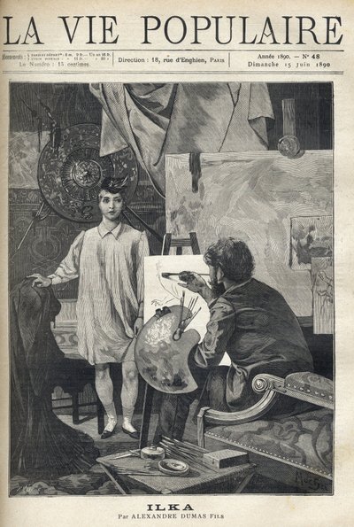 In einer Werkstatt, ein junges Modell in Hemd und Strümpfen mit einem kleinen Federhut, posiert für einen Maler, der an seiner Staffelei sitzt, seine Palette und Pinsel hält und sich auf seine Skizze konzentriert. Illustration von Alfons Maria Mucha (Alpho von Anonymous Anonymous