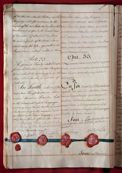 Unabhängigkeit der Vereinigten Staaten: Freundschafts- und Handelsabkommen zwischen Frankreich und den Vereinigten Staaten (dargestellt durch Benjamin Franklin) vom Februar 1778 in beiden Sprachen. 1778 Paris, Außenministerium von Anonymous Anonymous