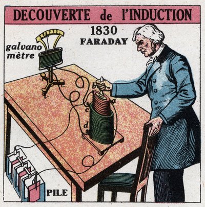 Induktion: Entdeckung der Induktion durch Michael Faraday (1791-1867) in den Jahren 1830-1831 mit einer Batterie und einem Galvanometer. Anonyme Illustration von 1925. Private Sammlung. von Anonymous Anonymous