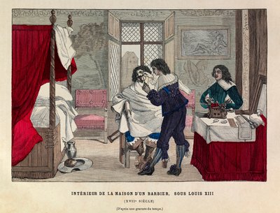 Innenraum eines Barbiershauses in Paris unter der Herrschaft von König Ludwig XIII. im 17. Jahrhundert - Private Sammlung von Anonymous Anonymous