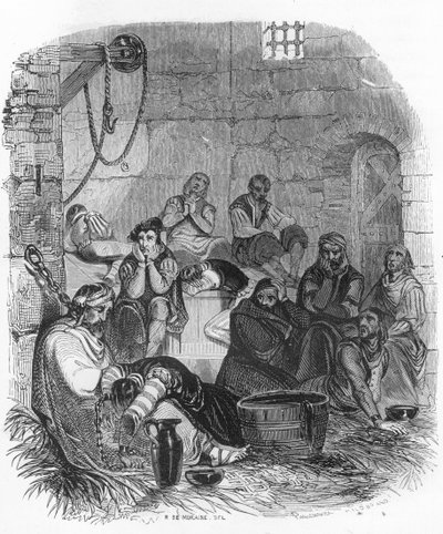 Innenansicht eines Inquisitionsgefängnisses - Illustration in „Geheimnisse der Inquisition und anderer Geheimgesellschaften Spaniens“ von Victor de Fereal, Suberwick, Manuel Galo de Cuendias. Veröffentlicht von P. Boizard von Anonymous Anonymous