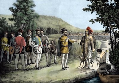 Jacques Cartier, sein erstes Treffen mit den Indianern in Hochelaga, dem heutigen Montreal, 1535 (Lithografie) von Anonymous Anonymous