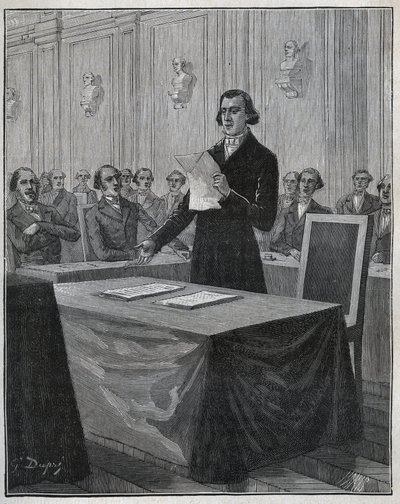 Jean Baptiste Andre Dumas (1800-1884), französischer Chemiker, präsentiert der Akademie der Wissenschaften seinen Bericht über die Erfindung von Ruolz und Elkington. Gravur aus 1885 in „Les arts et metiers illustres“ von Adolphe BITARD. von Anonymous Anonymous