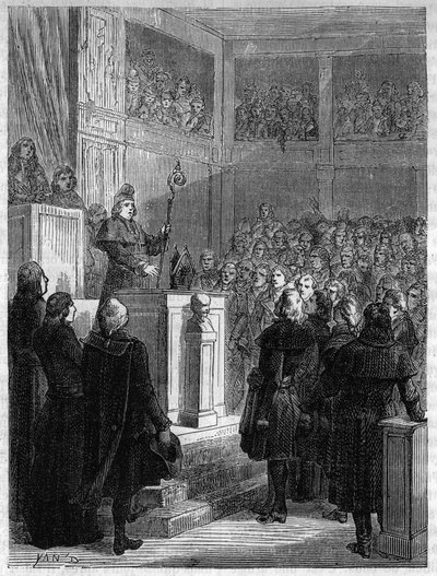 Jean Baptiste Gobel (1727-1794), Erzbischof von Paris, trägt eine rote Kappe und hält sein Bischofsmütze in der Hand, gab am 7. November 1793 seine Pflichten und das Priestertum auf. Gravur von 1866 in Histoire de la Revolution francaise von Adolphe Thiers von Anonymous Anonymous