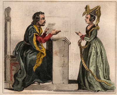 Jehan Pastoret (1328-1405), Präsident des Pariser Parlaments unter der Herrschaft von Karl V. mit einer adligen Frau, die einen Liripion trägt. Gravur von 1859 in „Le Monde. Geschichte aller Völker von den frühesten Zeiten bis zur Gegenwart“ von M. E. de L von Anonymous Anonymous