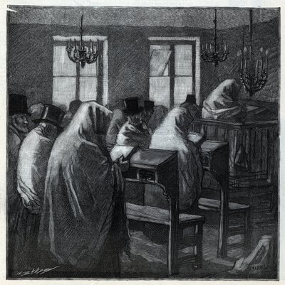Jüdische Feste: Gläubige während des Gebets in einem Oratorium während der Feiertage. Gravur in „Le monde illustré“ von 1892. Private Sammlung. von Anonymous Anonymous