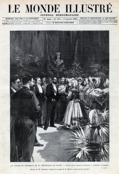 Reise von Sadi Carnot (1837-1894) nach Savoyen: Der Präsident der Republik wird in Chambéry von jungen Mädchen mit einem Blumenstrauß begrüßt. Eine Zeitung. Gravur in „Le monde illustré“ von 1892. Private Sammlung. von Anonymous Anonymous