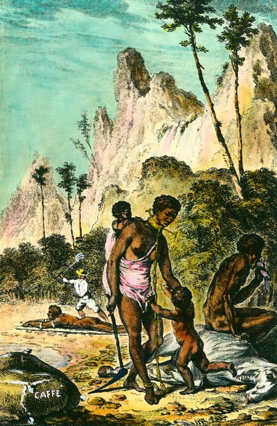 Reise zur Ile de France (heutiges Mauritius): die Arbeit der Sklaven. Ein weißer Ausbeuter peitscht einen am Boden liegenden Sklaven. Eine Frau trägt eine Halskette mit ihrem Fuß. Gravur aus dem 18. Jahrhundert. Private Sammlung. von Anonymous Anonymous
