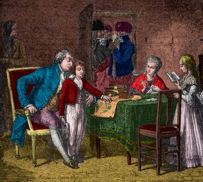 König Ludwig XVI. und die königliche Familie im Tempel unter der Aufsicht der Revolutionäre, Gravur, private Sammlung von Anonymous Anonymous
