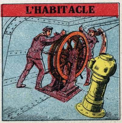 Landmagnetismus: Zwei Matrosen manövrieren das Ruder eines Schiffes und schauen auf das Cockpit, eine Kupferbox, in der sich ein Kompass befindet. Anonyme Illustration von 1925. Private Sammlung. von Anonymous Anonymous
