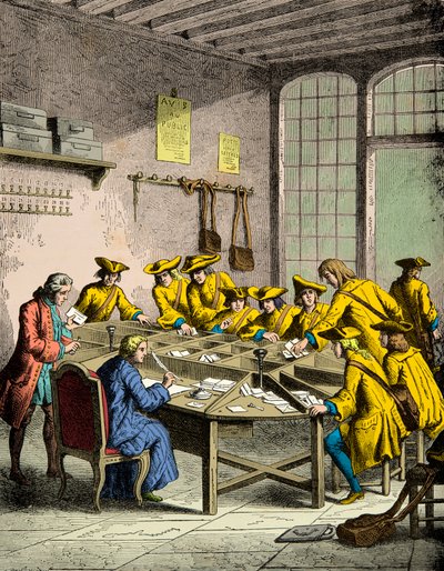 Große Post in Paris unter König Ludwig XVI., Gravur, Private Sammlung von Anonymous Anonymous