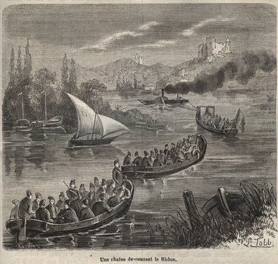 Das Zuchthaus von Toulon - eine Kette, die die Rhone hinuntergeht - Gravur in „Histoire des bagnes depuis leur création à nos jours“ (1877) von Pierre Zaccone (1817-1895) von Anonymous Anonymous