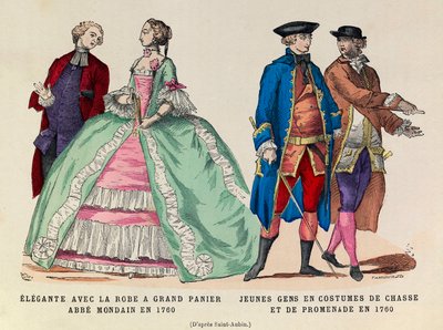 Links: Elegante mit großem Korbkleid, mondäner Abt 1760 / Rechts: Junge Männer in Jagd- und Spazieranzug 1760 (Herrschaft von König Ludwig XV.) - private Sammlung von Anonymous Anonymous
