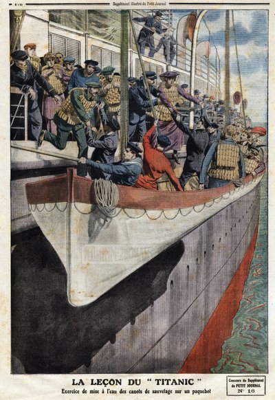 Rettungsbootübung an Bord eines Liners nach dem Untergang der RMS Titanic am 15. April 1912. Illustration aus der französischen Zeitung Le petit Journal, 2. Juni von Anonymous Anonymous