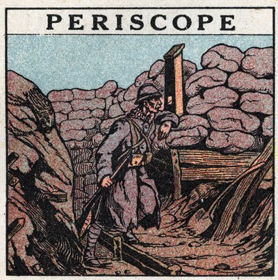Lichtreflexion: Periskop, das während des Ersten Weltkriegs (1914-1918) von einem Soldaten in einem Graben verwendet wurde. Anonyme Illustration von 1925. Private Sammlung. von Anonymous Anonymous