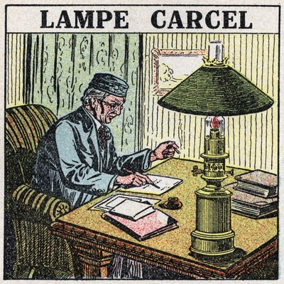Lichtquellen: Carcel-Lampe, erfunden von Guillaume Carcel (1750-1812) und mit Pflanzenöl betrieben. Anonyme Illustration von 1925. Private Sammlung. von Anonymous Anonymous