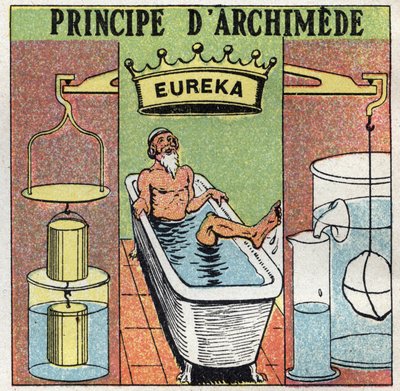 Flüssigkeitswaage: Prinzip von Archimedes (Körper ins Wasser tauchen). Während er ein Bad nahm, bemerkte Archimedes von Syrakus (287 v. Chr. - 212 v. Chr.), dass sein Bein außerhalb des Wassers schwerer wog als im Wasser und rief „Eureka!“. Anonyme Illustr von Anonymous Anonymous