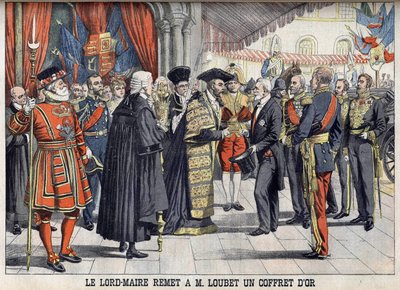 London, Großbritannien. Sir Marcus Samuel überreicht Präsident Emile Loubet nach dem Empfang im Guildhall eine goldene Schachtel. Le Petit Journal, Juli 1903. von Anonymous Anonymous