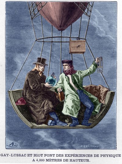 Louis-Joseph Gay-Lussac und Biot führen Physikexperimente in 4.000 Metern Höhe durch - in „Album de la Science; berühmte Wissenschaftler; Große Entdeckungen“ 1896 von Anonymous Anonymous