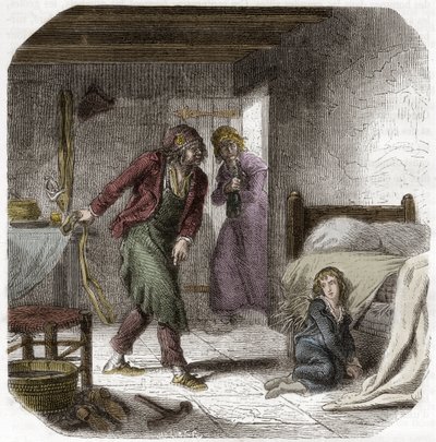 Louis XVII (1785-1795) im Tempel, mit seinem Gefängniswärter, dem Schuhmacher Antoine Simon - Gravur in „Histoire des Girondins“ von Alphonse de Lamartine (1790-1869) 1865-1866 - Private Sammlung von Anonymous Anonymous