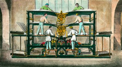 Maschine zum Drucken der kleinen Zeitung, erfunden von Hippolyte-Auguste Marinoni (1823-1904). Er erfand 1866 eine Rotationspresse. Gravur von 1868. Privatsammlung von Anonymous Anonymous