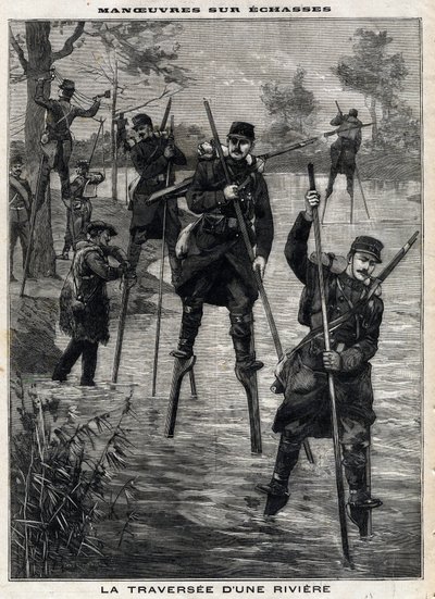 Manöver auf Stelzen: die Überquerung eines Flusses durch das französische Militär in Mont-de-Marsan, geführt von den Landes-Stelzenläufern, um eine Telegrafenleitung zu errichten. Gravur. In „Le Petit Parisien“, am 17.12.1899. Private Sammlung. von Anonymous Anonymous