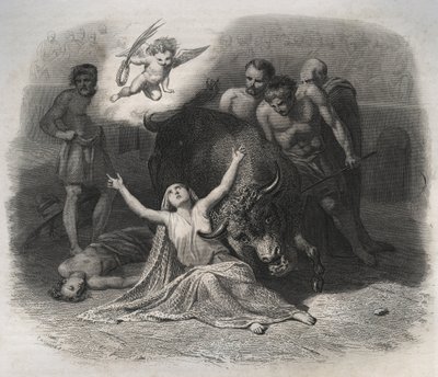 Martyrium der heiligen Blandine von Lyon und Ponticus in der Arena im Jahr 177 während der Verfolgungen der ersten Christen. Gravur von 1846 in „Lives of the saints“. Private Sammlung von Anonymous Anonymous