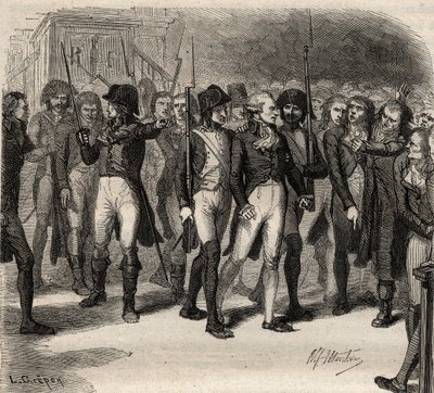 Maximilien Robespierre und seine Mitangeklagten verhaftet in der Konvention 1794 - Maximilien Robespierre et ses Co-Accuses arretes à la convention en 1794 - Gravur in „Histoire des Girondins“ von Alphonse de Lamartine (1790-1869) 1865-1866. Private Sammlu von Anonymous Anonymous