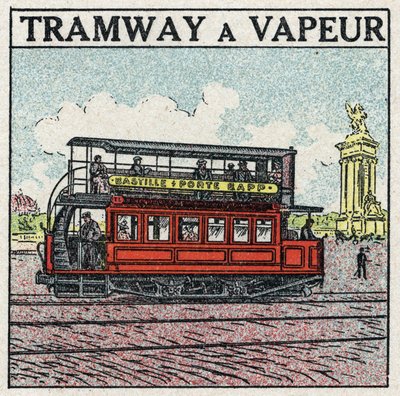 Mechanische Traktion: Dampfstraßenbahn, die Ende des 19. Jahrhunderts in Paris auf der Bastille-Linie erschien. Anonyme Illustration von 1925. Private Sammlung von Anonymous Anonymous