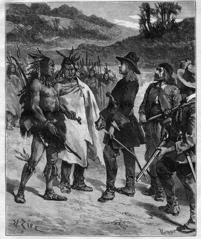 Treffen von Robert Cavelier de La Salle (1643-1687) mit den Indianern Amerikas in der Nähe des Lake Peoria, Gravur im „Journal des voyages“ von 1889 von Anonymous Anonymous