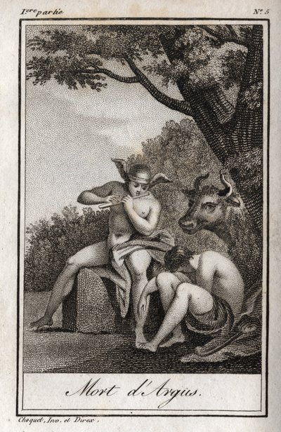 Merkur und Argus. Tod des Argus: Merkur spielte Flöte, um Argus einzuschläfern und die Nymphe Io zu befreien, die in eine Kuh verwandelt worden war. Gravur von 1819 in „Lettres a Emilie sur la mythologie“ von Charles Albert Demoustier (1760-1801) von Anonymous Anonymous