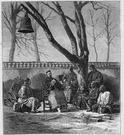 Missionar lehrt katholische Doktrin in der Provinz Henan, China. Gravur in „Les Missions Catholiques au XIXeme Siecle“ von Louis-Eugene Louvet. Private Sammlung von Anonymous Anonymous