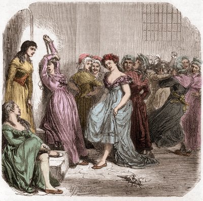 Mme Rolands Inhaftierung im Sainte Pelagie Gefängnis in Paris - Madame Roland (Manon (Jeanne Marie) Roland Philipon) (1754-1793) während ihrer Haft im Sainte-Pelagie 1793 - Gravur in „Histoire des Girondins“ von Alphonse de Lamartine (1790-1869) 1865-1866 von Anonymous Anonymous