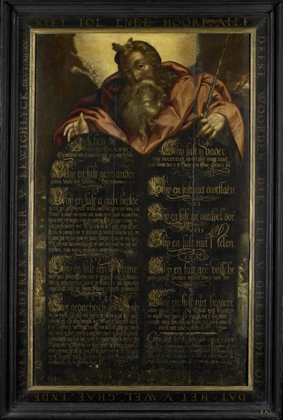 Moses zeigt die Gesetzestafeln mit den Zehn Geboten in Kalligraphie, um 1560-1600 von Anonymous Anonymous
