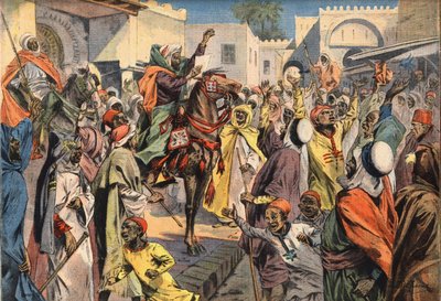 Mouley Hafid (Moulay-Hafid) wird in Fès zum Sultan ausgerufen: die öffentlichen Ausrufer verkünden der Menge die Proklamation. Gravur aus der Zeitung „Le Petite Parisien“, 26/01/1908. Private Sammlung. von Anonymous Anonymous