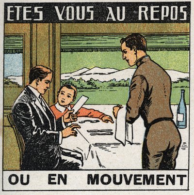 Bewegungen: Szene im Restaurant eines Zuges, in dem sich die Passagiere nicht bewegen, während der Zug fährt. Anonyme Illustration von 1925. Private Sammlung. von Anonymous Anonymous