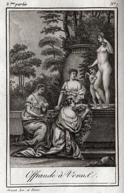 Opfergabe an Venus. Kleine Liebesgötter (Engel) versammeln sich, um der Göttin Aphrodite zu huldigen. Gravur von 1819 in „Lettres à Emilie sur la mythologie“ von Charles Albert Demoustier (1760-1801). Private Sammlung. von Anonymous Anonymous