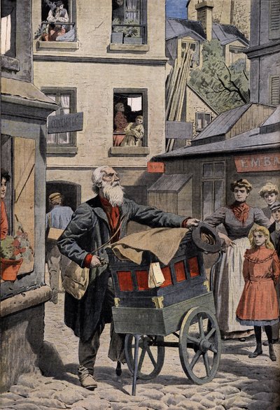 Alte Berufe: Der barbarische Orgelspieler in den Straßen von Paris. Gravur in der Schlagzeile des Petit Journal, 26.04.1908. Private Sammlung von Anonymous Anonymous