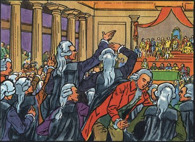 Eröffnung der Generalstände in Versailles am 5. Mai 1789 mit der Vereinigung der drei Stände (Klerus, Adel und Dritter Stand). Anonyme Illustration in „Collection des souverains et chefs d