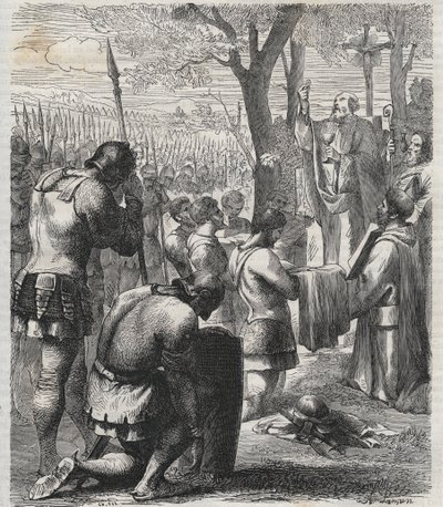 Otto I., Heiliger Römischer Kaiser empfängt die Kommunion vor der Schlacht auf dem Lechfeld (955) - Gravur von 1864 von Anonymous Anonymous