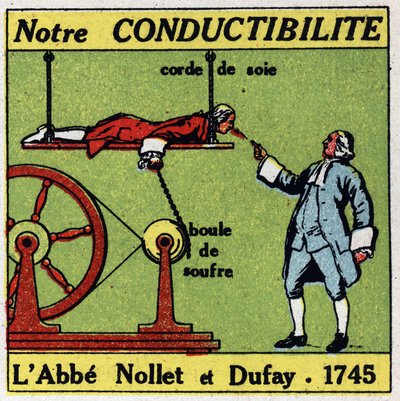 Physiologische Effekte der Elektrizität: Experimente von Abbe Jean Antoine Nollet (1700-1770) und Charles Francois Du Fay (1698-1739) im Jahr 1745 zur Leitfähigkeit des menschlichen Körpers. Anonyme Illustration von 1925. Private Sammlung. von Anonymous Anonymous