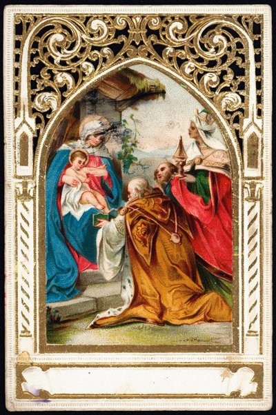 Andachtsbild: „Anbetung der Könige“. Gezackte Karte. Chromolithographie Anfang des 20. Jahrhunderts. Private Sammlung von Anonymous Anonymous