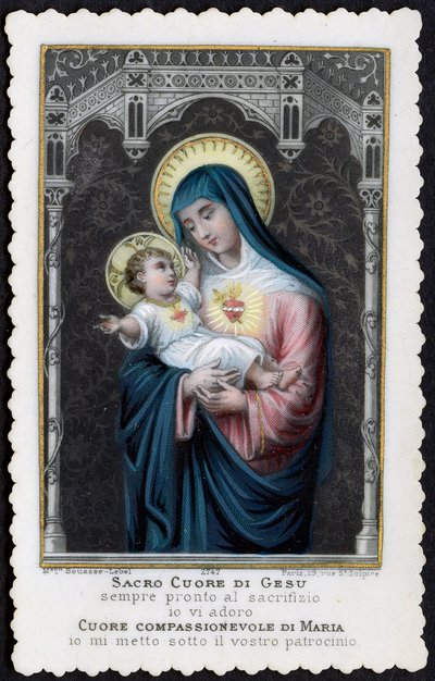 Andachtsbild: Jesus als Kind in den Armen seiner Mutter Maria, mit dem Heiligen Herzen (Stich) von Anonymous Anonymous