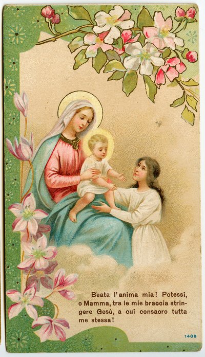 Andachtsbild: Jungfrau mit Kind, ein frommes Mädchen nimmt Jesus in ihre Arme (Chromolithographie) von Anonymous Anonymous